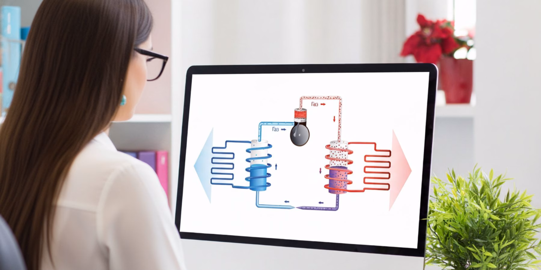 Принцип работы чиллера изображенный на мониторе изучает женщина проектировщик