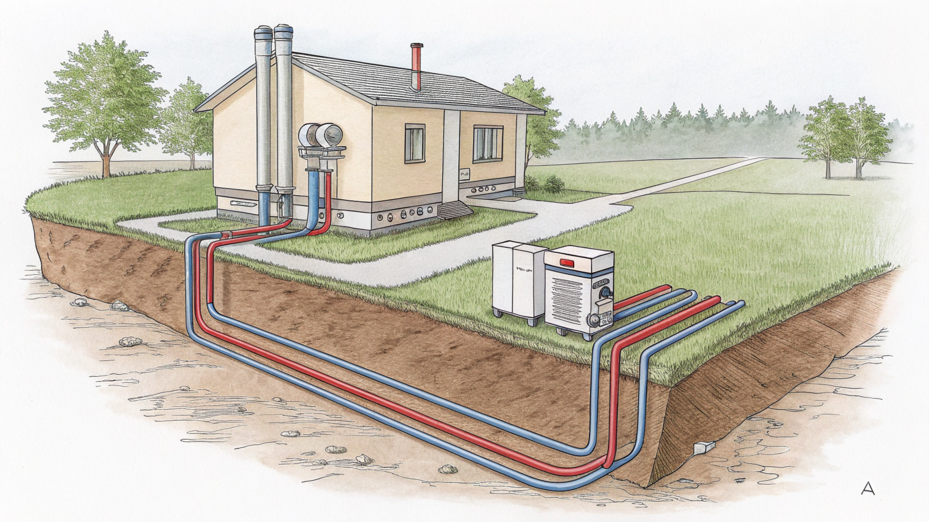 Принцип работы геотермального теплового насоса с горизонтальным контуром