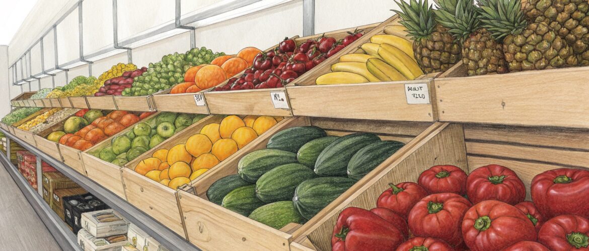 Товарное соседство овощей и фруктов на складе