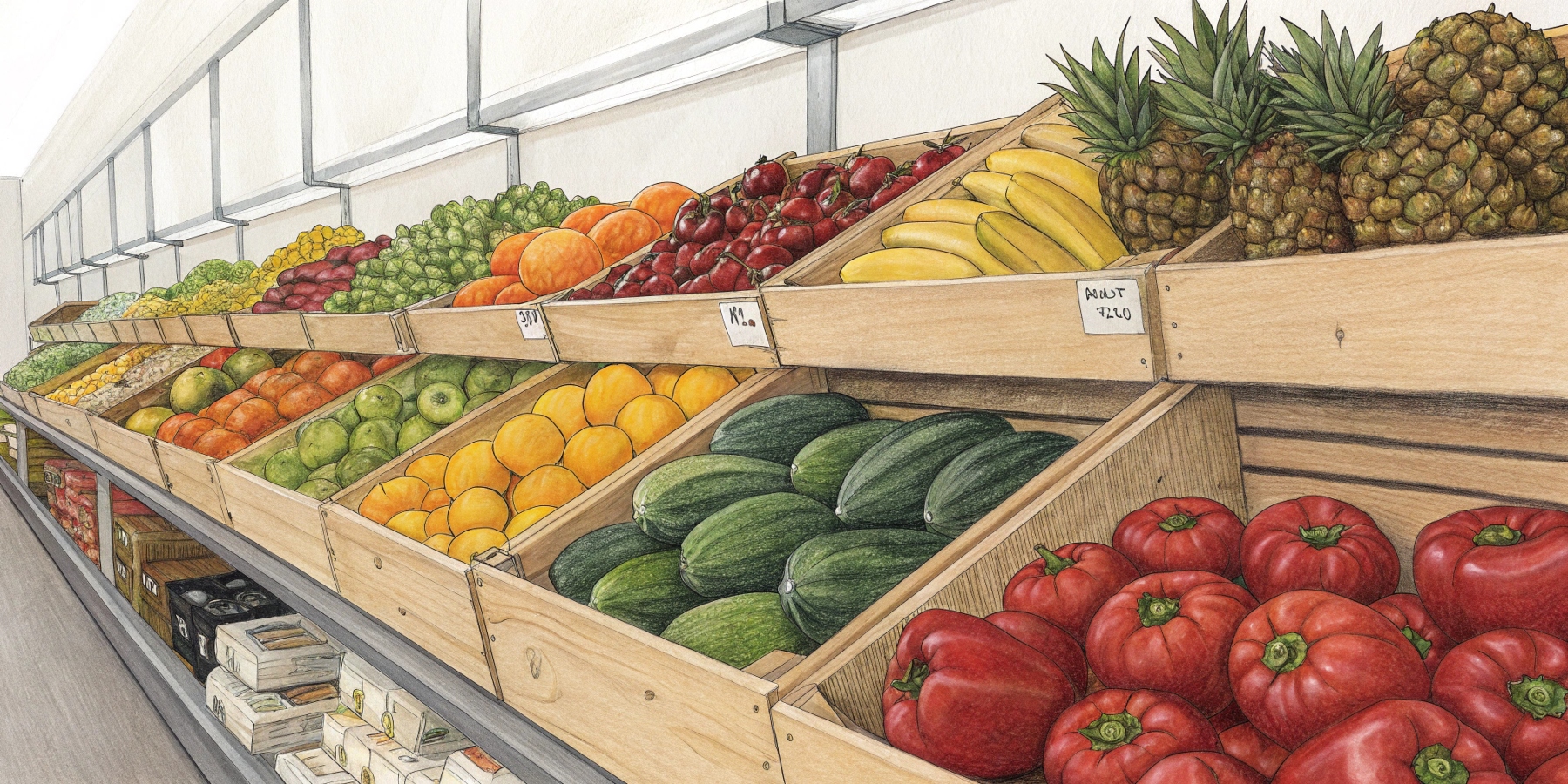 Товарное соседство овощей и фруктов на складе