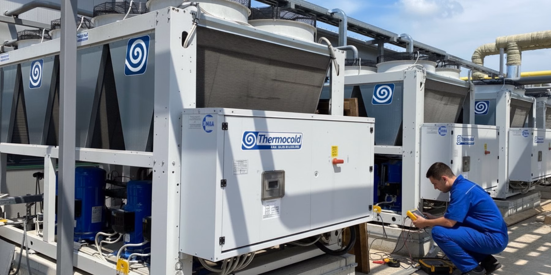 Наладчик обслуживает чиллер для охлаждения воды Thermocold