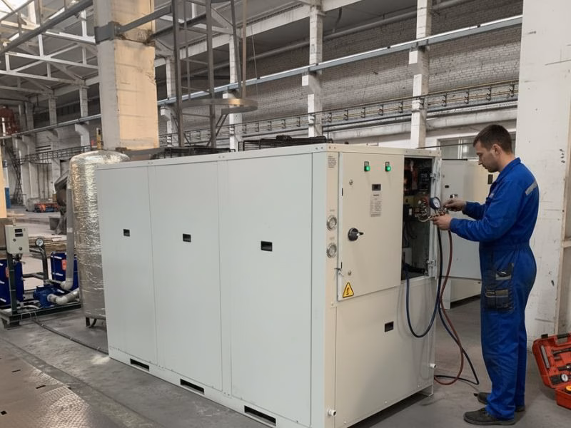 Наладчик делает контроль холодильного контура и параметров чиллера