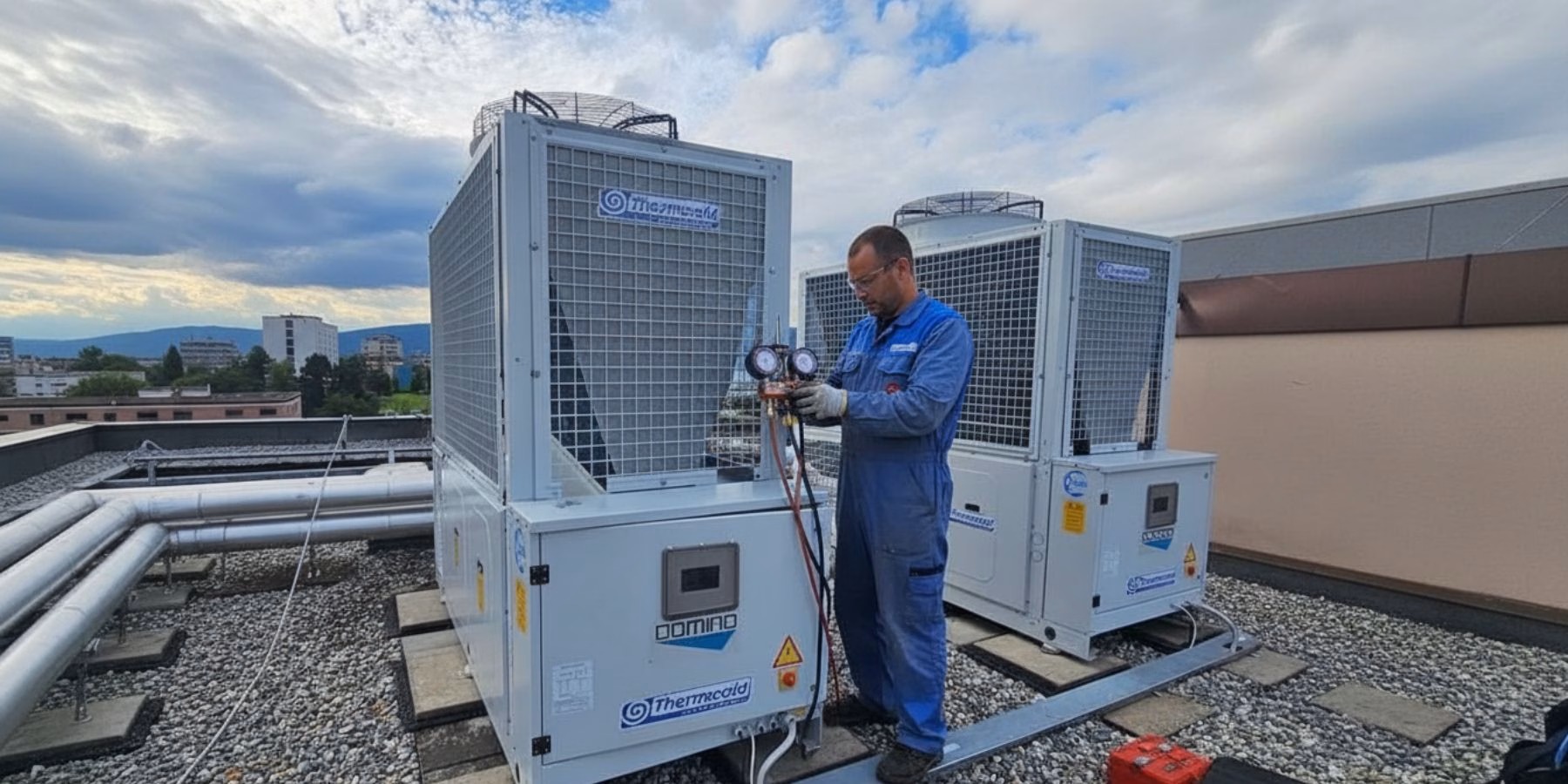 Наладчик приехал на аварийный вызов чтоб сделать сервисное обслуживание чиллера