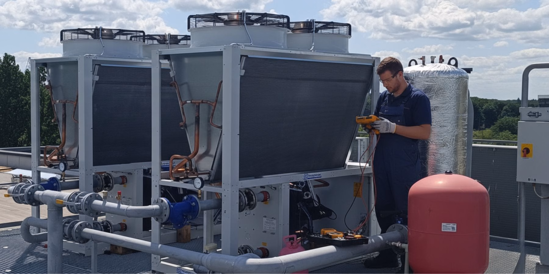 Наладчик делает ремонт чиллеров типа (воздух-вода)