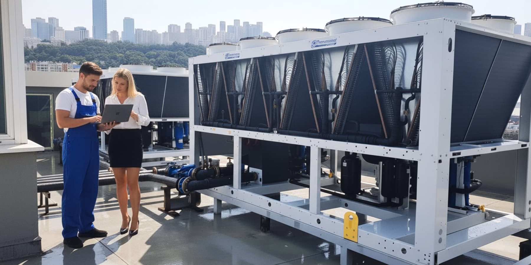 Майстер пояснює жінці менеджеру який потрібен ремонт промислових чилерів