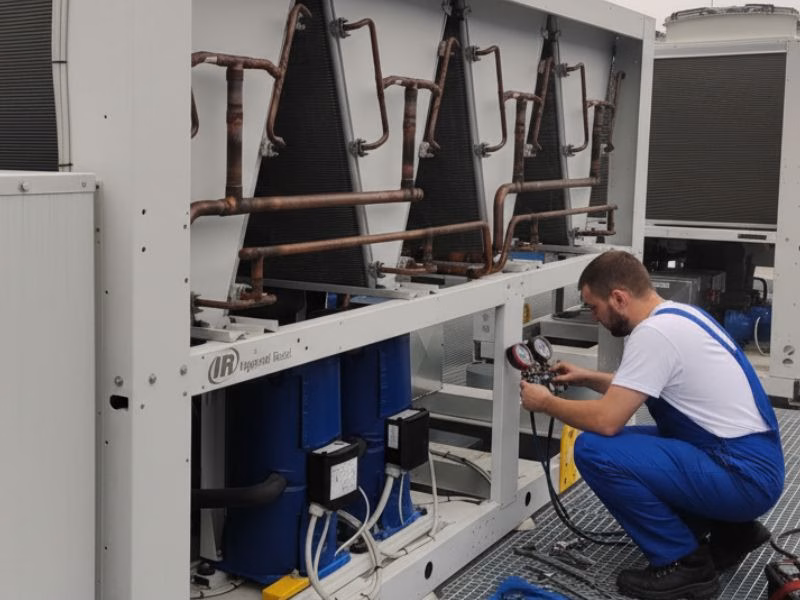 Наладчик робить заправку чіллера фреоном